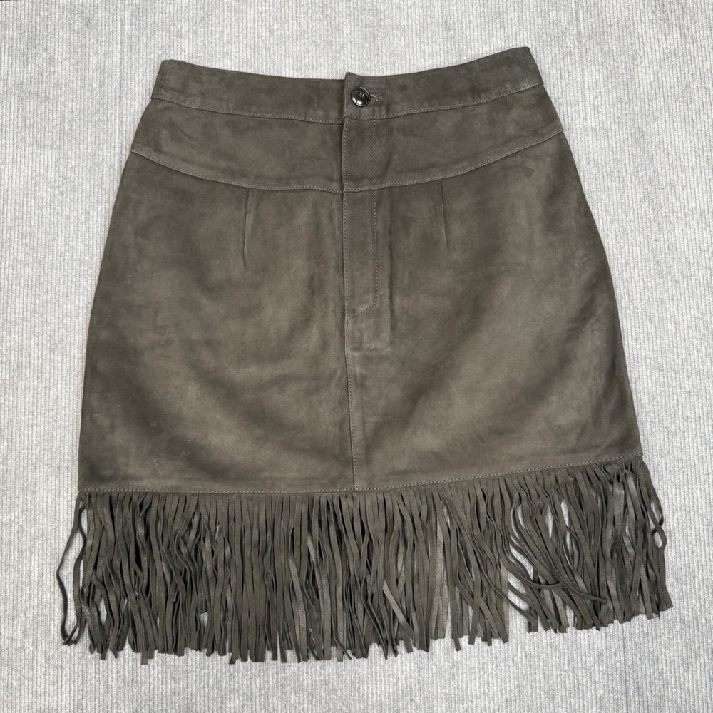 Genuine Suede Fringe Mini Skirt Y2k Dark Grey Olive Western Boho Style 833
